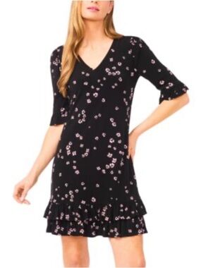 CeCe Black Mini Dress with Pink Floral Print